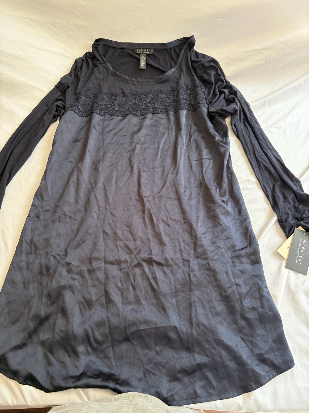 Midnight by Carole Hochman Nightgown Womens M Black Satin Lace Long Sleeve